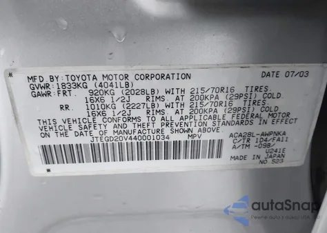 2004 Toyota Rav4 z USA, uszkodzony, nr VIN JTEGD20V440001034